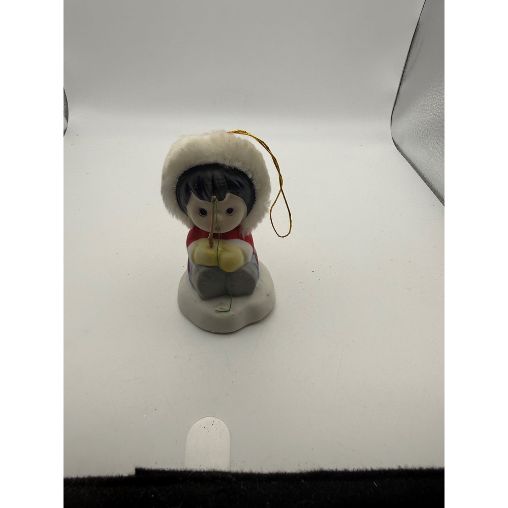 Vintage 1986 BOA Porcelain Bell Ornament Ice Fishing Child Faux Fur Trim 3 Inch